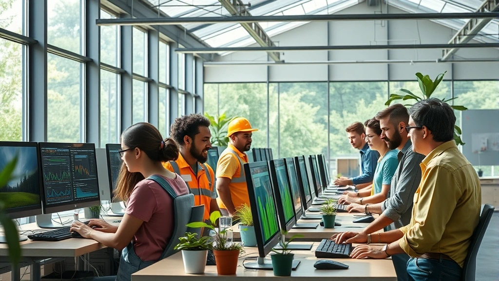 Photorealistic image of diverse workers training at a sustainable technology facility, featuring people of different ages learning renewable energy installation, computer workstations with environmental monitoring software, natural lighting through large windows, collaborative learning environment