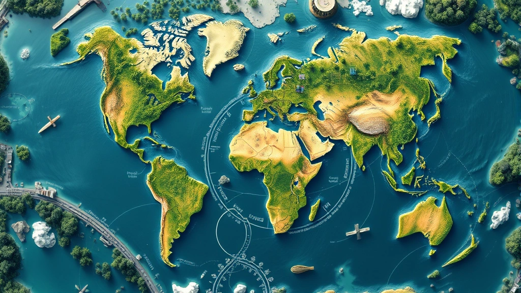 Photorealistic overhead view of global economic ecosystem showing interconnected financial flows, circular economy loops, and environmental restoration areas, with natural elements like forests, waterways, and agricultural zones integrated with modern infrastructure and transportation networks
