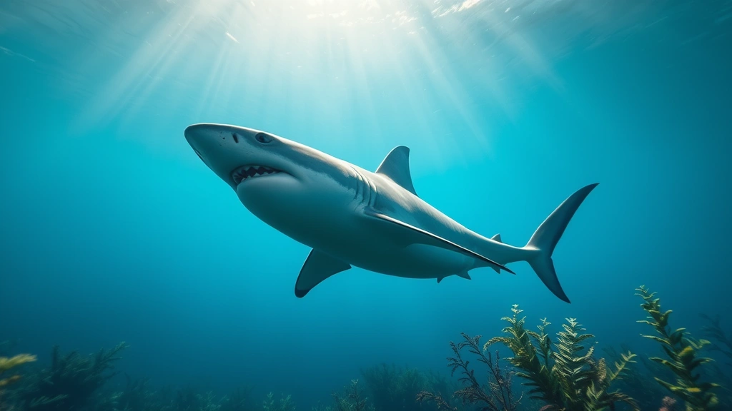 Great white shark swimming through blue ocean waters near kelp forest, sunlight filtering from above, photorealistic marine environment with natural lighting
