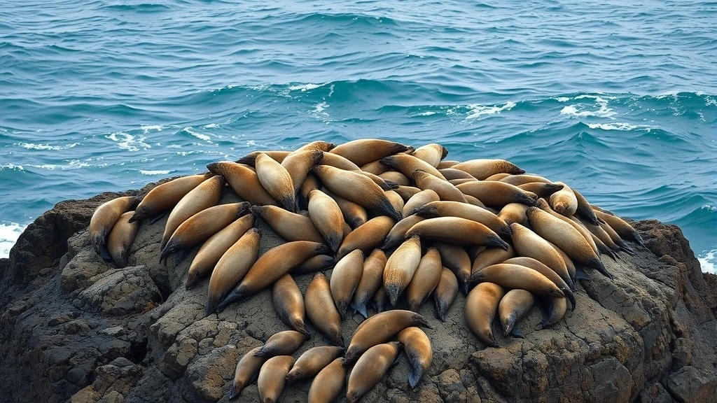Seal colony resting on rocky coastal outcrop with ocean waves in background, demonstrating great white shark prey habitat and behavior patterns