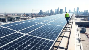 Solar panel installation on industrial rooftop with workers in safety gear, modern cityscape visible in background, bright daylight, photorealistic