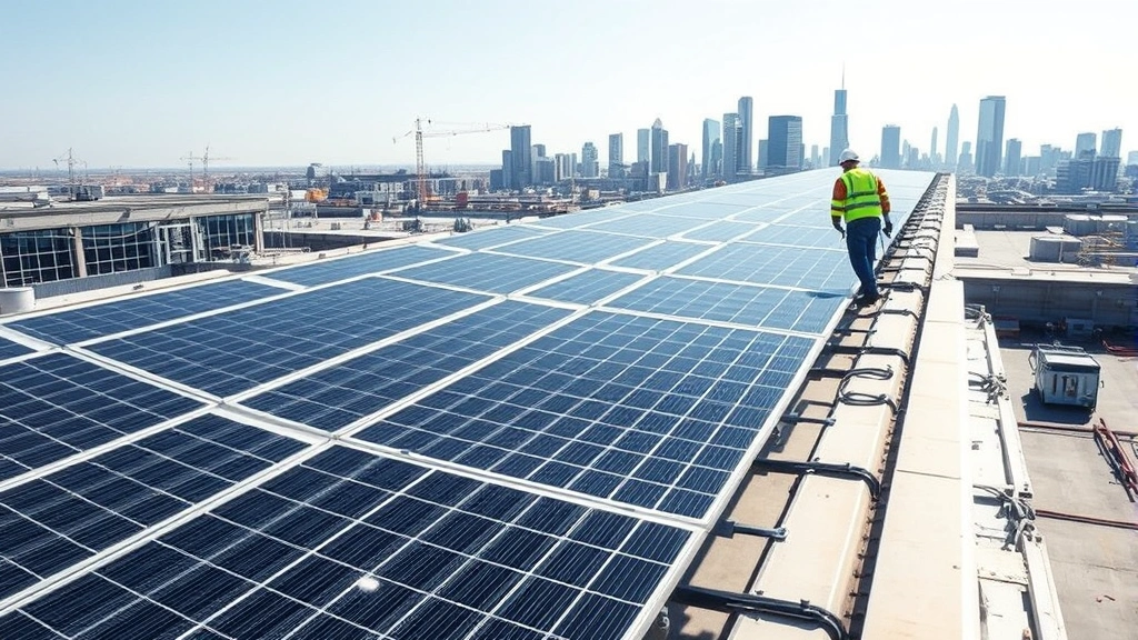 Solar panel installation on industrial rooftop with workers in safety gear, modern cityscape visible in background, bright daylight, photorealistic