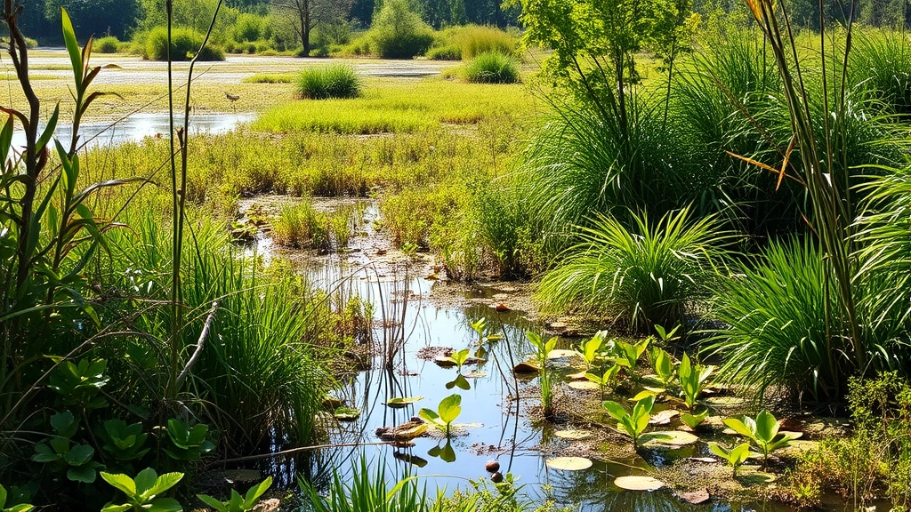 Lush restored wetland ecosystem with native vegetation, water birds, and healthy vegetation, diverse plant species, natural lighting