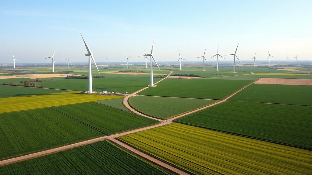 Modern wind turbines in agricultural landscape with green fields, clear sky, productive farmland integration, wide-angle vista