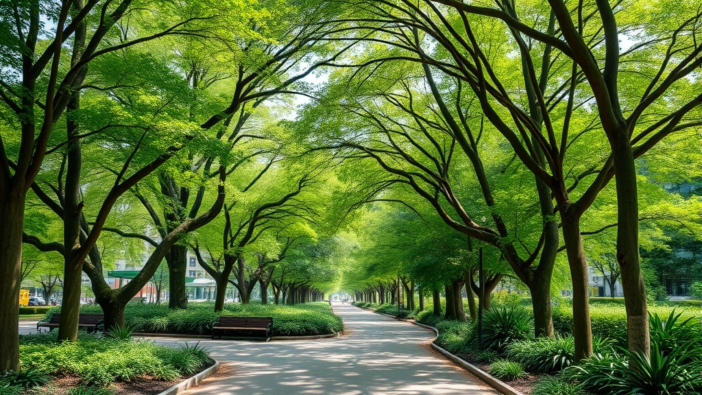 Lush urban park with mature trees, walking paths, and diverse vegetation creating natural canopy cover in vibrant green tones, photorealistic detail