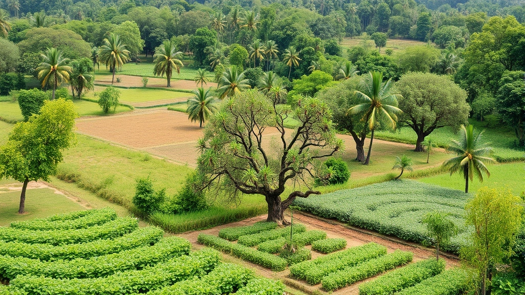 Mixed agroforestry landscape with fruit trees integrated among agricultural fields showing healthy crops and forest understory vegetation in tropical setting