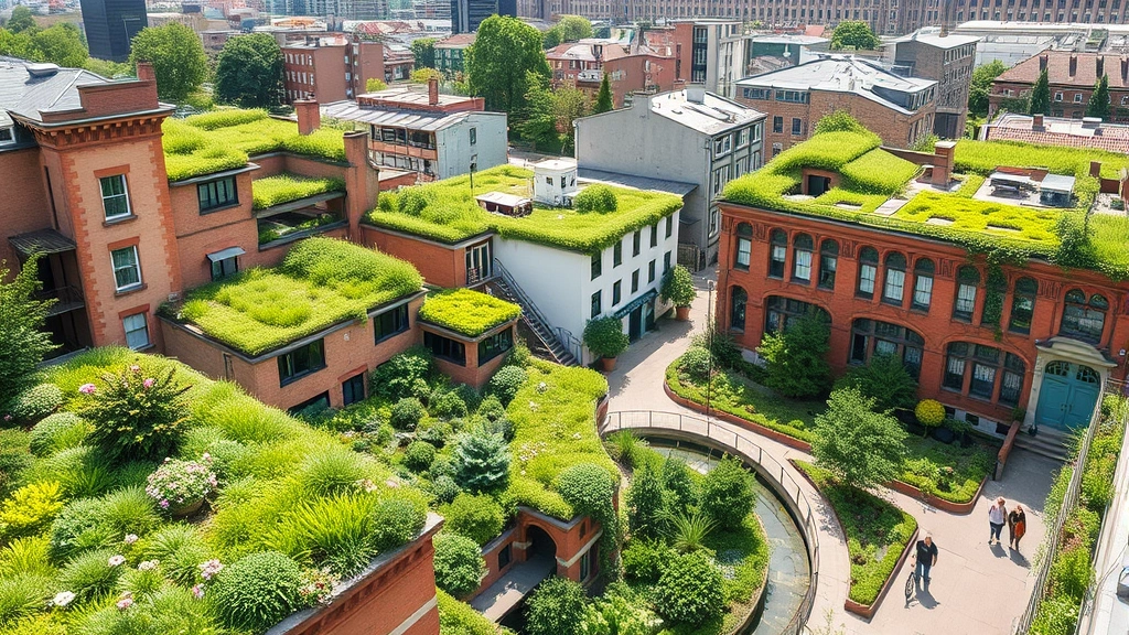 Green-roofed buildings and bioswale gardens integrated into dense urban neighborhood with pedestrians, showing living infrastructure and sustainable urban design