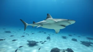 Photorealistic underwater photograph of a scalloped hammerhead shark swimming above sandy seafloor with small fish schools and coral formations visible in background, natural ocean lighting