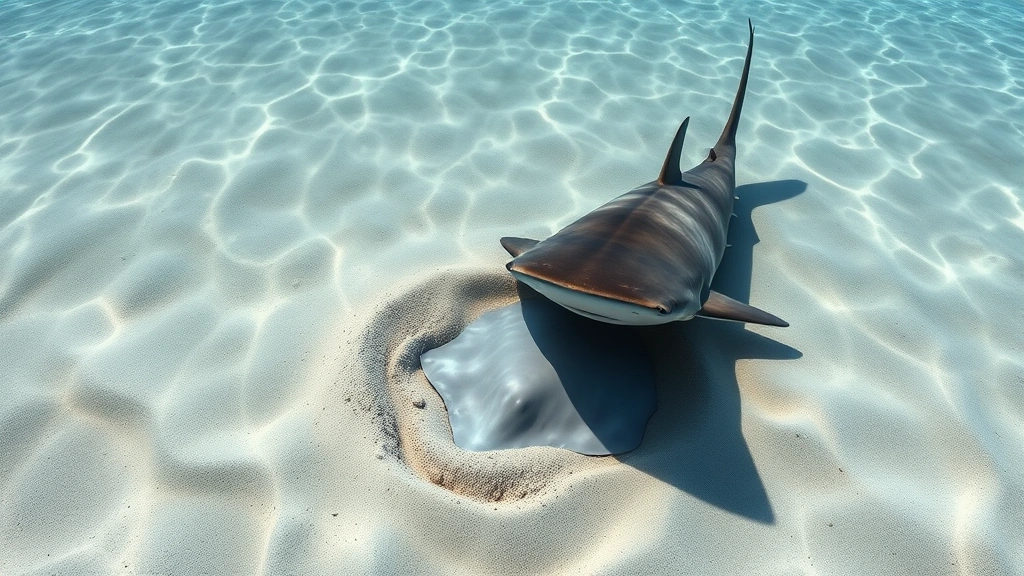 Photorealistic image of hammerhead shark hunting ray buried in sand, showing predator-prey interaction in shallow coastal marine habitat with clear water and natural colors