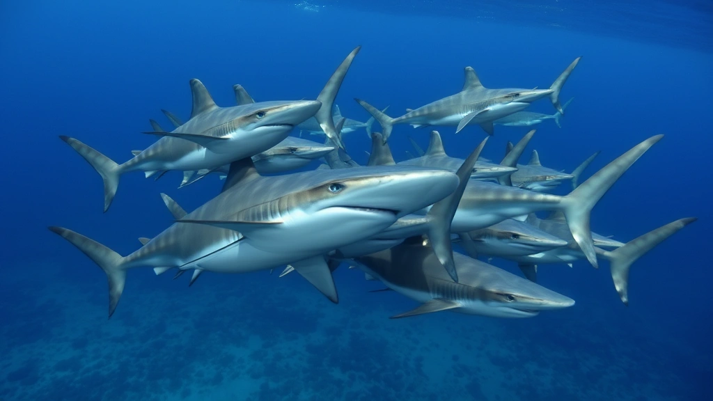 Photorealistic photograph of multiple hammerhead sharks aggregating in open water, demonstrating schooling behavior with ocean depth gradient background and natural marine ecosystem
