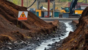 Industrial facility with hazard warning signs surrounded by contaminated brown soil and polluted water runoff flowing downhill, photorealistic environmental damage scene with heavy machinery visible in background