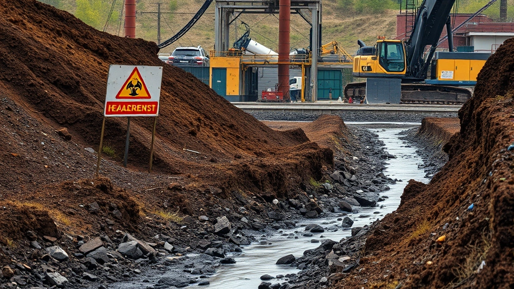Industrial facility with hazard warning signs surrounded by contaminated brown soil and polluted water runoff flowing downhill, photorealistic environmental damage scene with heavy machinery visible in background