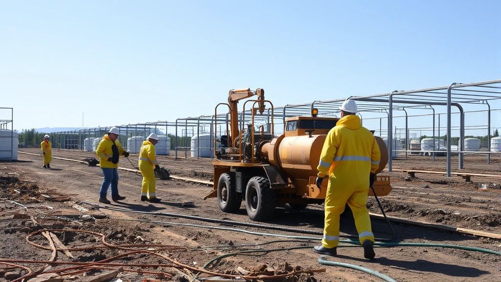 Workers in protective equipment and hazmat suits conducting environmental remediation on a contaminated brownfield site, using specialized equipment and containment structures with clear sky