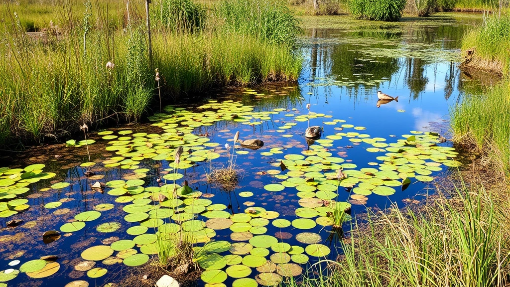 Thriving restored wetland ecosystem with native plants, clean water, wildlife, and natural landscape transformation showing successful environmental recovery and ecosystem restoration