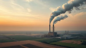 Industrial factory with smoke stacks emitting pollution into atmosphere above agricultural farmland with visible crop damage, photorealistic, aerial perspective