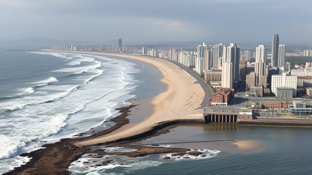Coastal city with visible sea-level rise impacts, eroded shorelines, and damaged coastal infrastructure, demonstrating climate change economic consequences