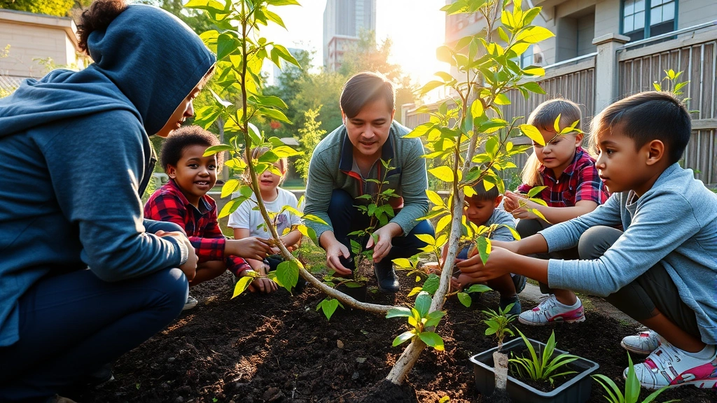 Children from diverse backgrounds planting native trees in urban community garden, morning sunlight filtering through leaves, mentor figure showing proper planting technique, soil and green growth visible