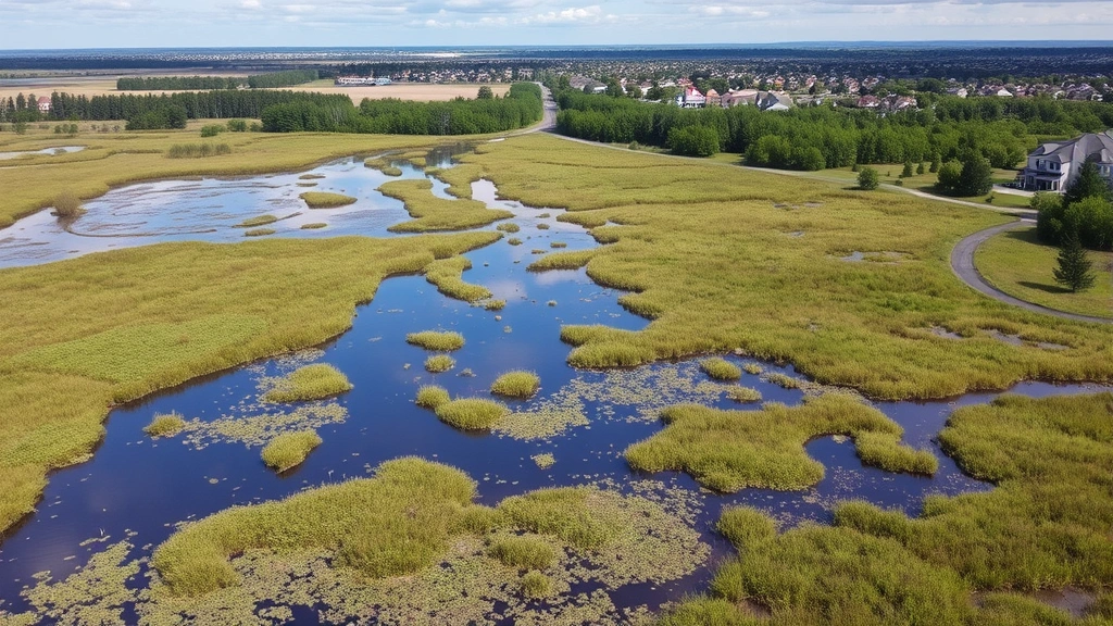 Aerial view of restored wetland ecosystem with water reflecting sky, diverse bird species visible, green vegetation thriving, adjacent community buildings and residential area showing integration of nature and urban space