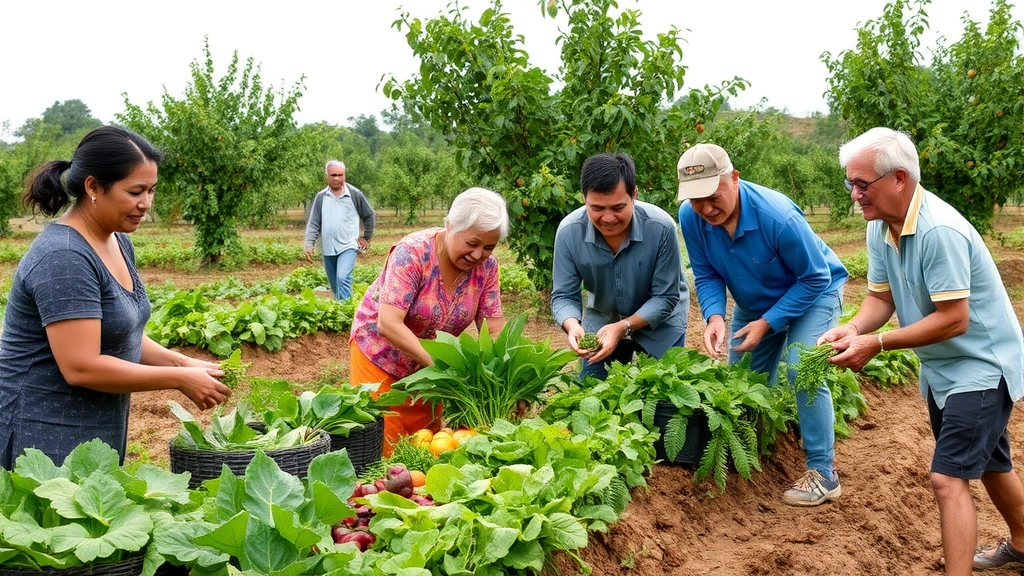 Multi-generational family harvesting vegetables from community agroforestry system, mature fruit trees in background, rich soil visible, people smiling during collaborative work, natural landscape restoration evident