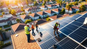 Solar panel installation workers on residential rooftop with suburban neighborhood background, morning sunlight, diverse team in safety gear, modern homes visible, photorealistic