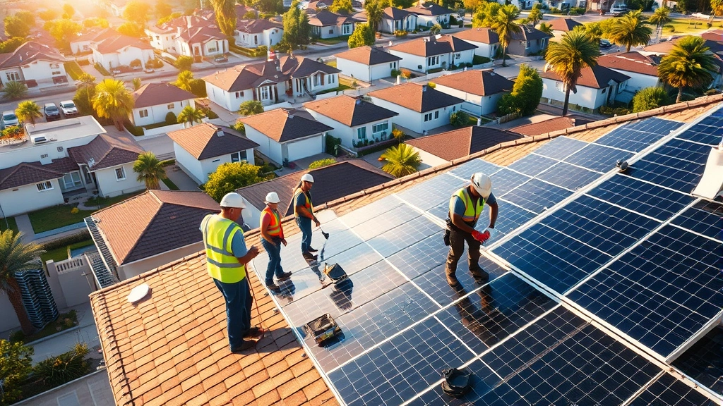 Solar panel installation workers on residential rooftop with suburban neighborhood background, morning sunlight, diverse team in safety gear, modern homes visible, photorealistic