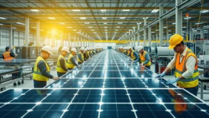 Solar panel manufacturing facility with workers in safety equipment assembling photovoltaic cells, bright industrial lighting reflecting off panels, conveyor systems visible, diverse workforce in protective gear, clean manufacturing environment with controlled conditions, photorealistic detail of modern renewable technology production floor