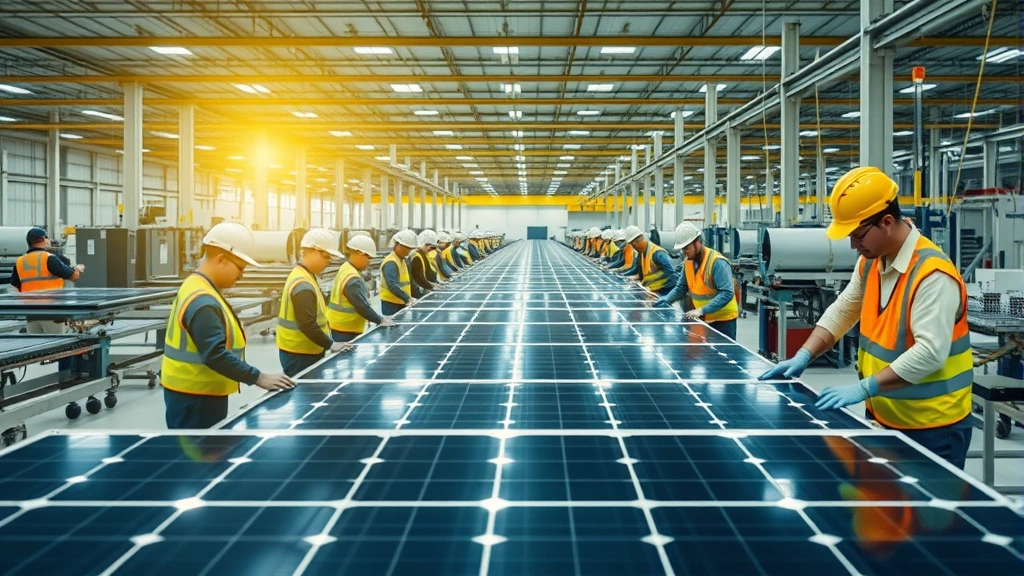 Solar panel manufacturing facility with workers in safety equipment assembling photovoltaic cells, bright industrial lighting reflecting off panels, conveyor systems visible, diverse workforce in protective gear, clean manufacturing environment with controlled conditions, photorealistic detail of modern renewable technology production floor