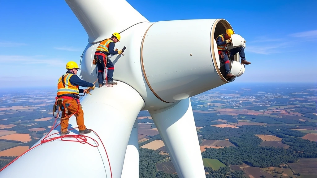 Wind turbine technicians performing maintenance work on a large turbine nacelle at height, safety harnesses visible, expansive landscape below showing agricultural land and forest patches, clear sky, workers in safety gear using specialized tools, photorealistic perspective showing scale and occupational context of renewable energy maintenance