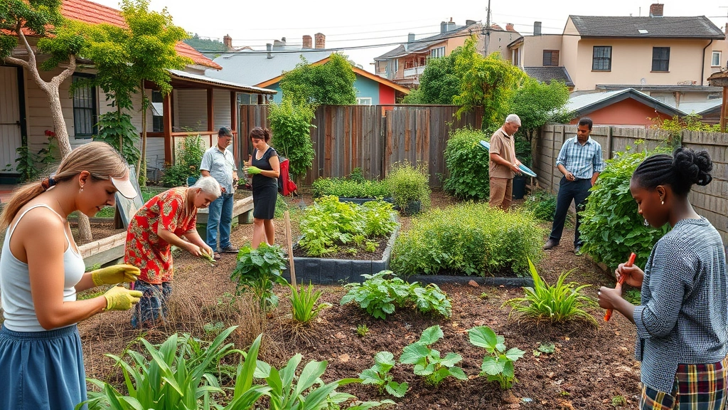 Community garden in urban neighborhood with restored green space, diverse residents of various ages working together tending plants, housing and buildings visible in background, clean water systems and composting infrastructure visible, natural light showing healthy ecosystem integration within built environment, photorealistic detail of environmental justice and community-based sustainability