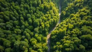 Aerial view of a vibrant green forest canopy meeting a clear river valley below, sunlight filtering through trees, showing healthy ecosystem abundance and natural capital richness in photorealistic detail