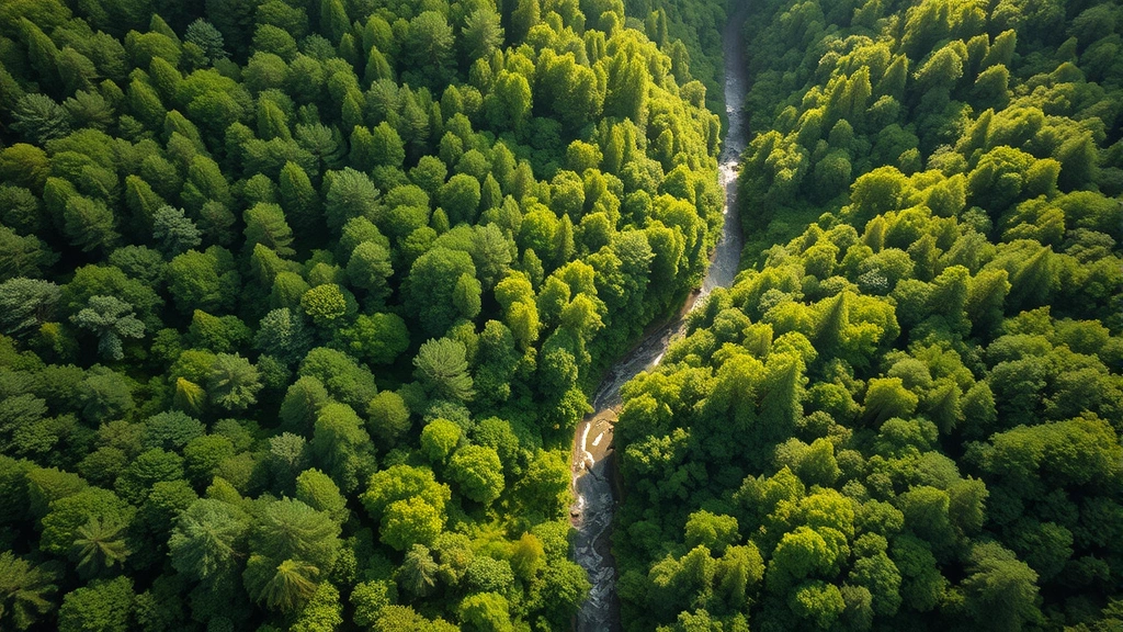 Aerial view of a vibrant green forest canopy meeting a clear river valley below, sunlight filtering through trees, showing healthy ecosystem abundance and natural capital richness in photorealistic detail