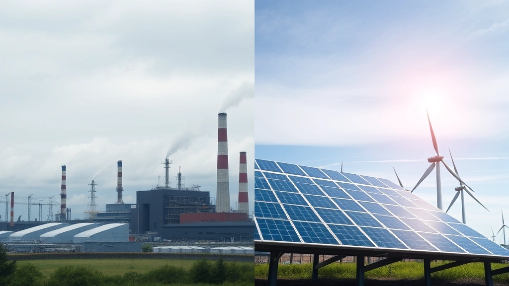 Split-screen comparison: left side shows industrial factory with pollution and gray skies, right side shows renewable energy solar panels and wind turbines with clean blue sky, photorealistic environmental contrast