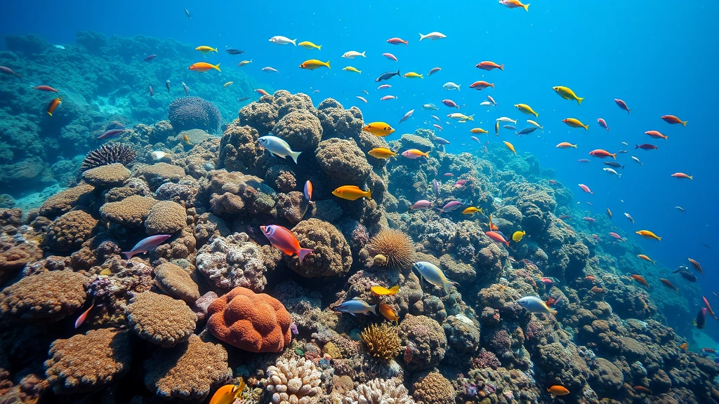 Underwater coral reef teeming with colorful fish and marine life, representing biodiversity and ecosystem services that support economic activity, photorealistic ocean ecosystem health and abundance