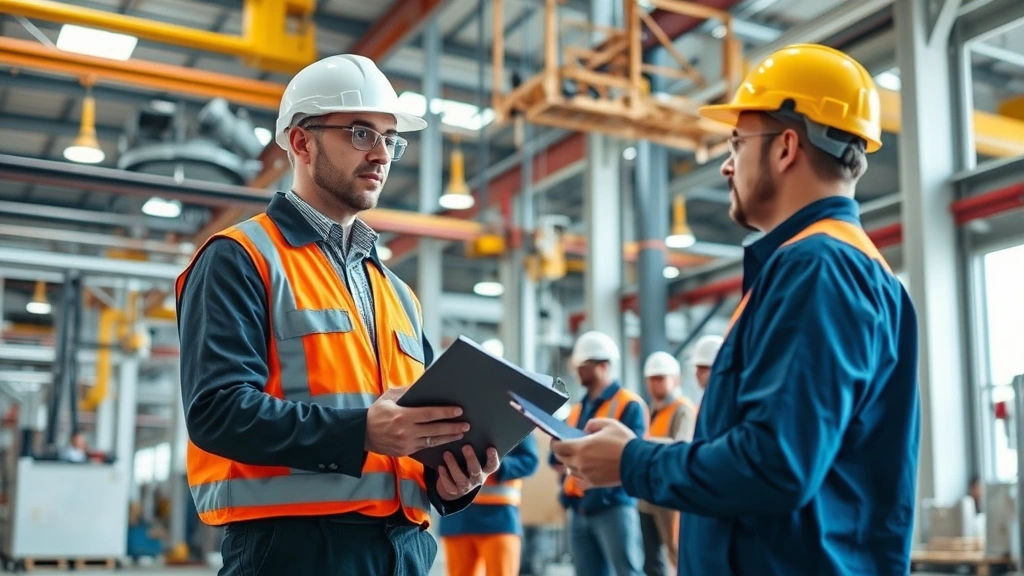 Professional health and safety officer conducting workplace hazard assessment in modern industrial facility with safety equipment and monitoring systems, natural lighting, workers in background demonstrating proper procedures