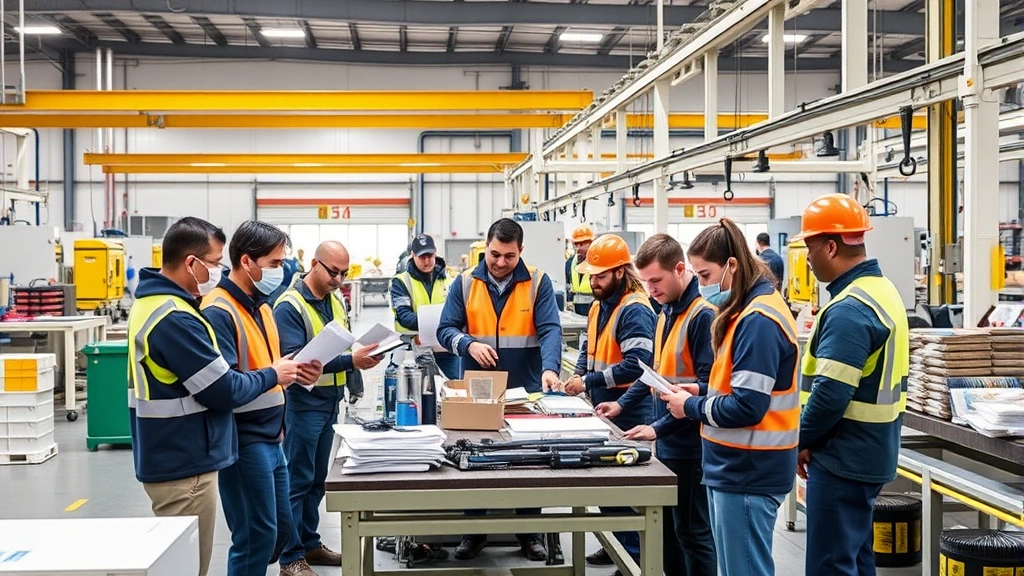 Diverse team of employees working safely in clean, well-organized manufacturing environment with clear safety signage, proper ergonomic setup, and environmental protection equipment visible throughout facility