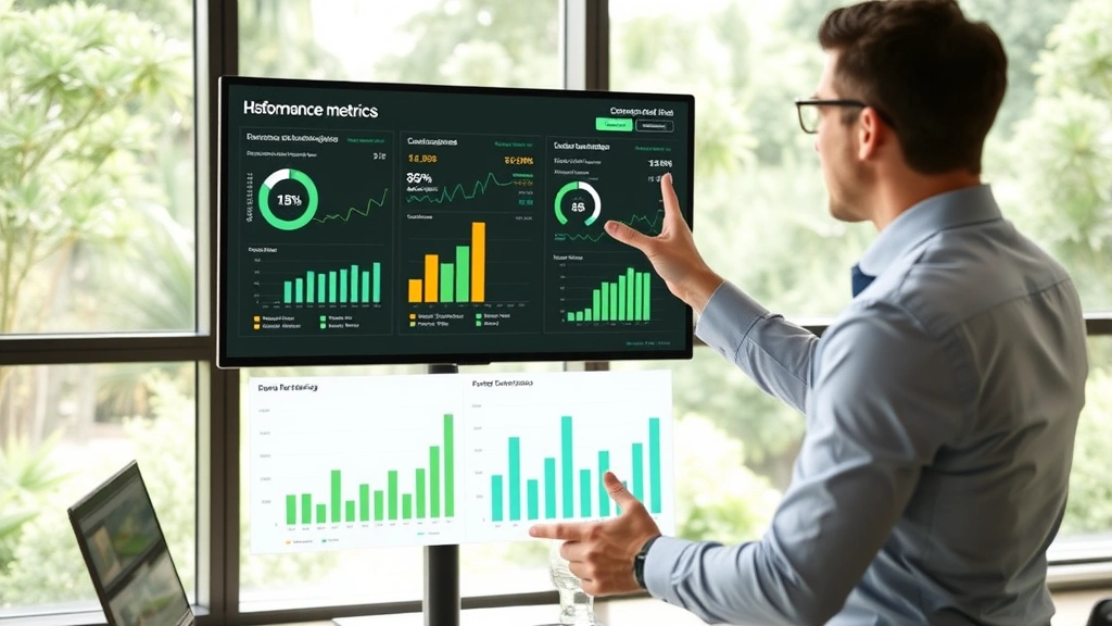 Business executive reviewing HSE performance metrics and sustainability data on digital dashboard, showing graphs and environmental compliance indicators, modern office setting with nature visible through windows