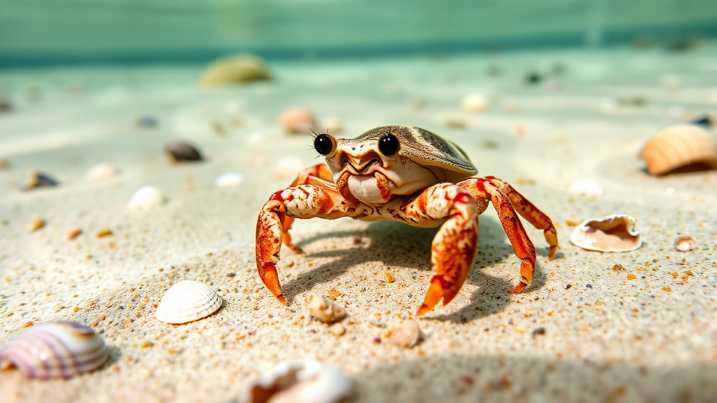 Close-up of hermit crab on sandy seabed with scattered shells, clear shallow water, natural lighting, vibrant underwater habitat