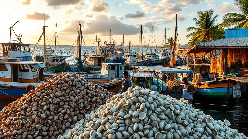 Coastal fishing village with boats and nets, pile of harvested shells on dock, local fishermen working, golden hour light, tropical setting