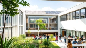 Modern school building with natural light flooding through large windows, green courtyard with native plants and students engaged in outdoor learning, sustainable architecture design with solar panels visible on roof, diverse students collaborating in bright contemporary classroom space