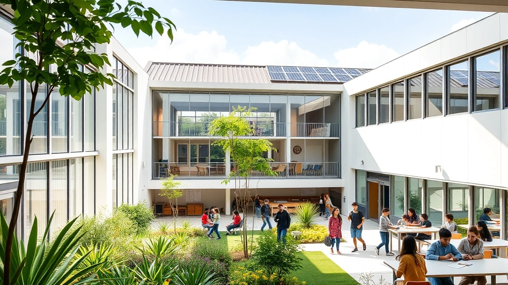 Modern school building with natural light flooding through large windows, green courtyard with native plants and students engaged in outdoor learning, sustainable architecture design with solar panels visible on roof, diverse students collaborating in bright contemporary classroom space
