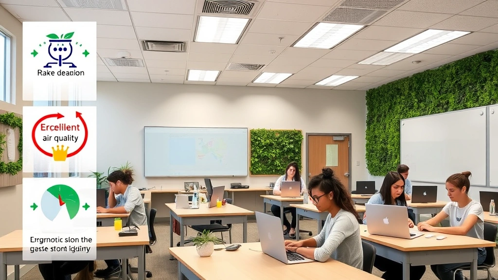 Interior classroom with excellent air quality indicators, ergonomic student workstations with adjustable lighting, biophilic design elements including living plant walls, acoustic treatment visible on ceiling, students of diverse backgrounds actively engaged in collaborative learning activity