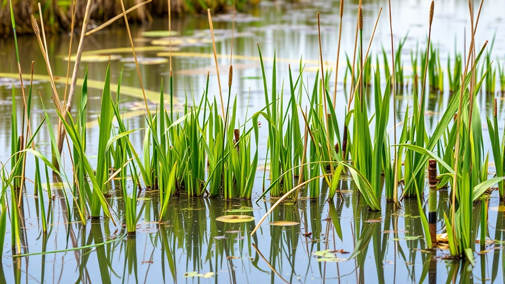Healthy wetland ecosystem with water, marsh grasses, cattails, wildlife habitat, water purification system in action, natural beauty and biodiversity