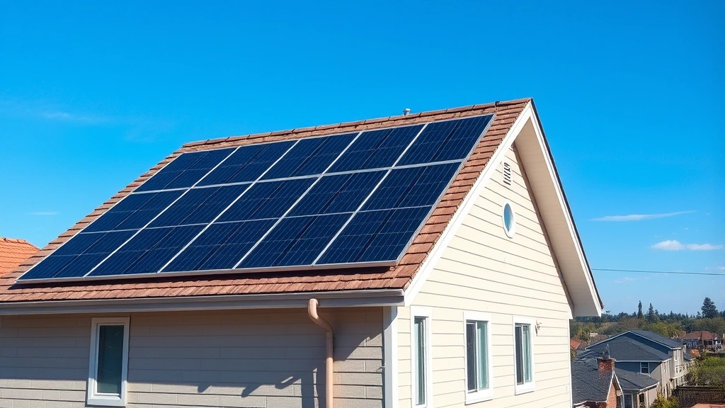 Solar panels on suburban home roof with blue sky, residential neighborhood visible below, photorealistic daytime scene showing modern sustainable residential architecture integration