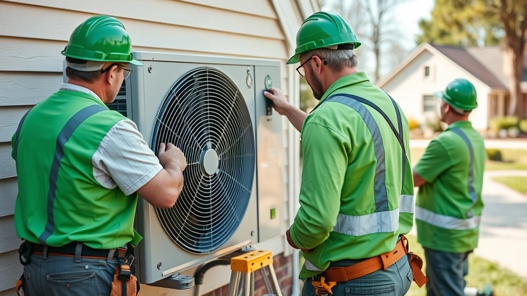 Green construction workers installing heat pump system on residential home exterior, professional safety equipment visible, suburban neighborhood background, natural daylight photography