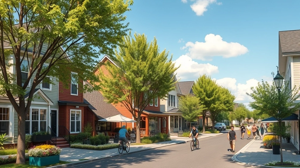 Thriving sustainable neighborhood streetscape with energy-efficient homes, mature trees, people walking and cycling, vibrant local businesses visible, community gathering spaces, photorealistic urban design