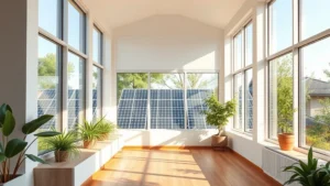 Modern eco-friendly home interior with solar panels visible through large windows, green plants on windowsills, natural wood flooring, and bright natural daylight streaming in, contemporary sustainable living space with warm minimalist aesthetic