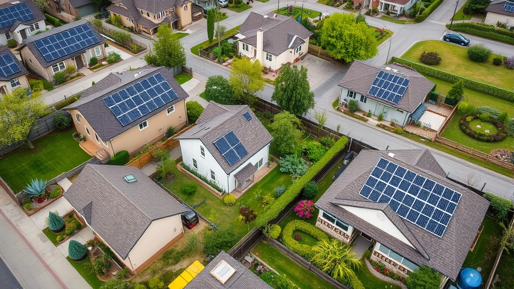 Aerial view of residential neighborhood with multiple homes featuring solar panel arrays on rooftops, green yards with native plantings, rainwater collection systems visible, sustainable community development showing environmental integration