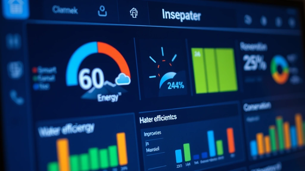 Close-up of smart home technology dashboard displaying energy consumption data, renewable energy generation metrics, water conservation statistics, and efficiency improvements on digital screen with home automation interface