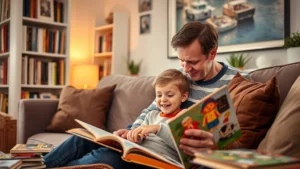 Parent reading aloud to young child in cozy living room with visible bookshelves, warm lighting, comfortable seating, diverse picture books scattered nearby, child engaged and smiling