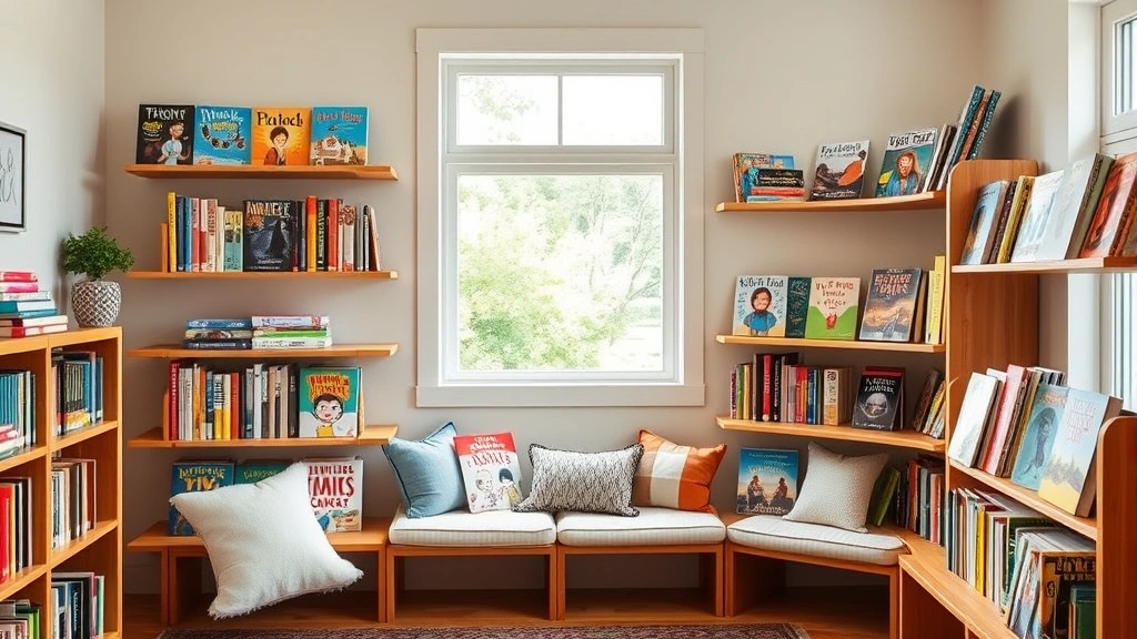 Home library setup showing colorful books organized at child height on wooden shelves, comfortable reading nook with cushions, natural window light, diverse book covers representing multiple cultures and perspectives